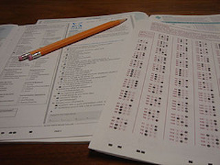 A Scantron answer sheet and test booklet similar to the ones on the ACT