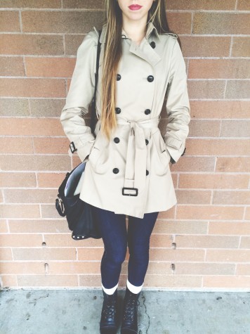 Junior Talya Holenstein is wearing combat boots with high socks, skinny jeans and a peacoat. This outfit is a great transition from winter to spring.