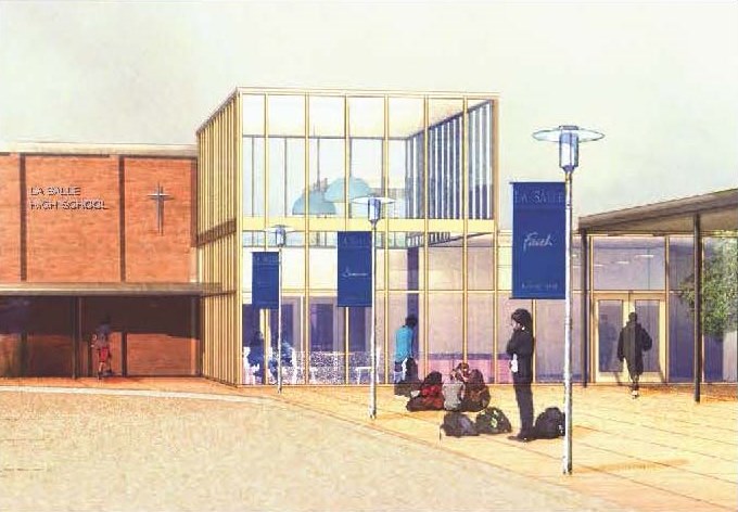 A+rendering+of+what+the+new+front+entrance+of+the+school+will+look+like+when+students+return+to+campus+in+September.