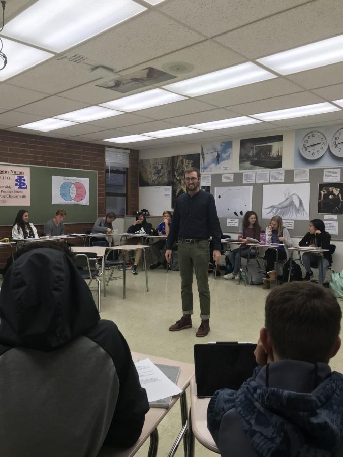 In his fifth period freshman English class, Mr. Larson teaches his students about anxiety in school through a group discussion.