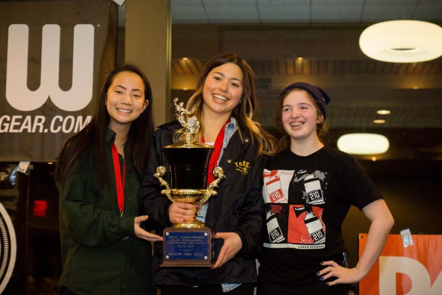 Makayla Vu, Kiana Christenson and Caitlin Turker with the Sato Cup from the 2017 State Competitions