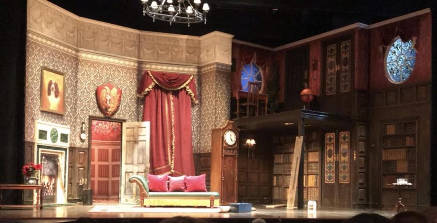 A set from the Broadway play The Play That Goes Wrong. In this intricate set design, most of the set falls apart, with perfect timing, followed by lots of laughs from the audience.