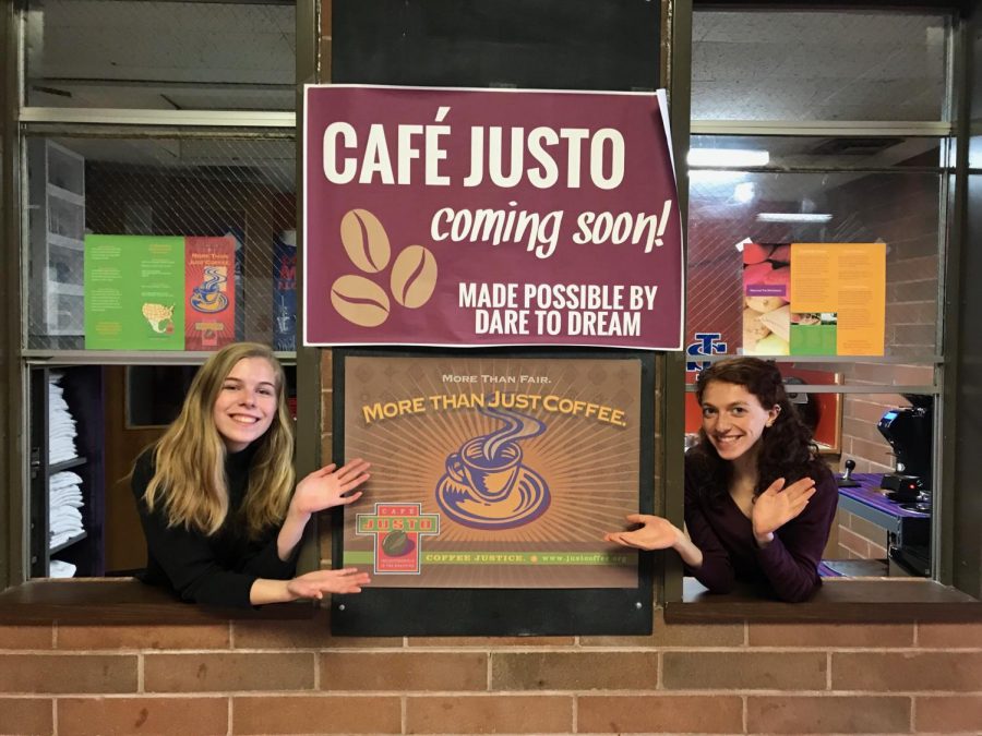 Seniors Lenora Mathis and Brigid Hanley one year ago anticipating the opening of Café Justo. 