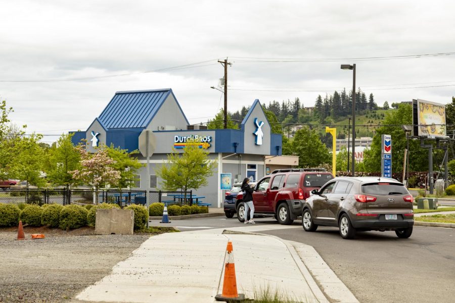 Coffee bars such as Dutch Bros remain open and busy as ever. While the walk-up window is closed, the drive-thru remains open with social distancing guidelines in place.