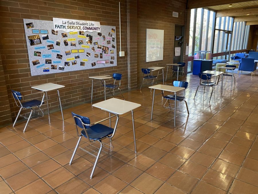 For lunchtime seating, desks are arranged in pods of four in various areas of the campus.