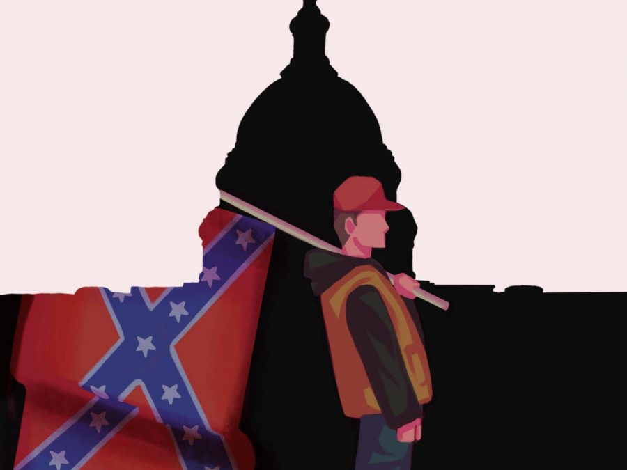 One participant in the mob paraded through the United States Capitol building while carrying the Confederate flag.