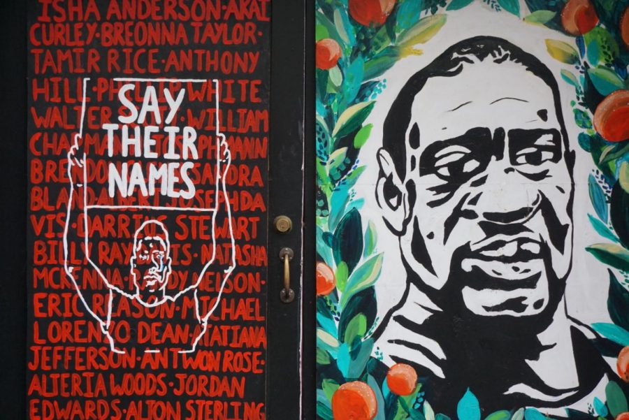 A mural of George Floyds face in downtown Portland, alongside the names of other Black Americans who died at the hands of police. 