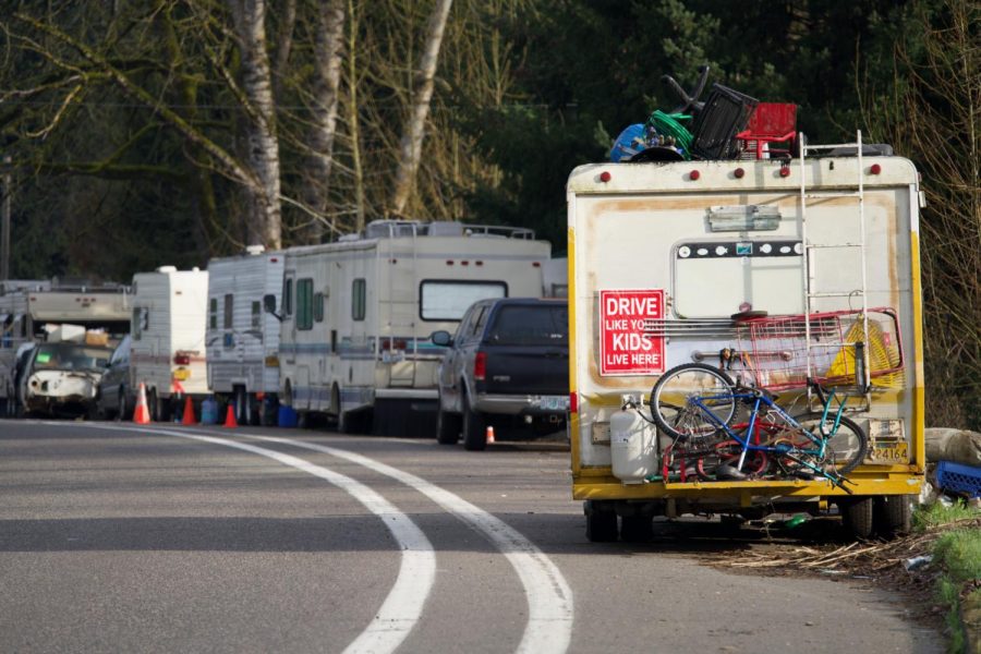 Trailers line the streets of Portland, designed as homes for the houseless.