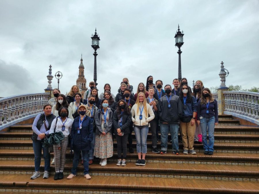 A group picture on the bridge at the Plaza de España in Seville.