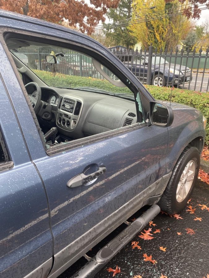  Junior Clare Daudelin’s car in the aftermath of a break-in this fall. 