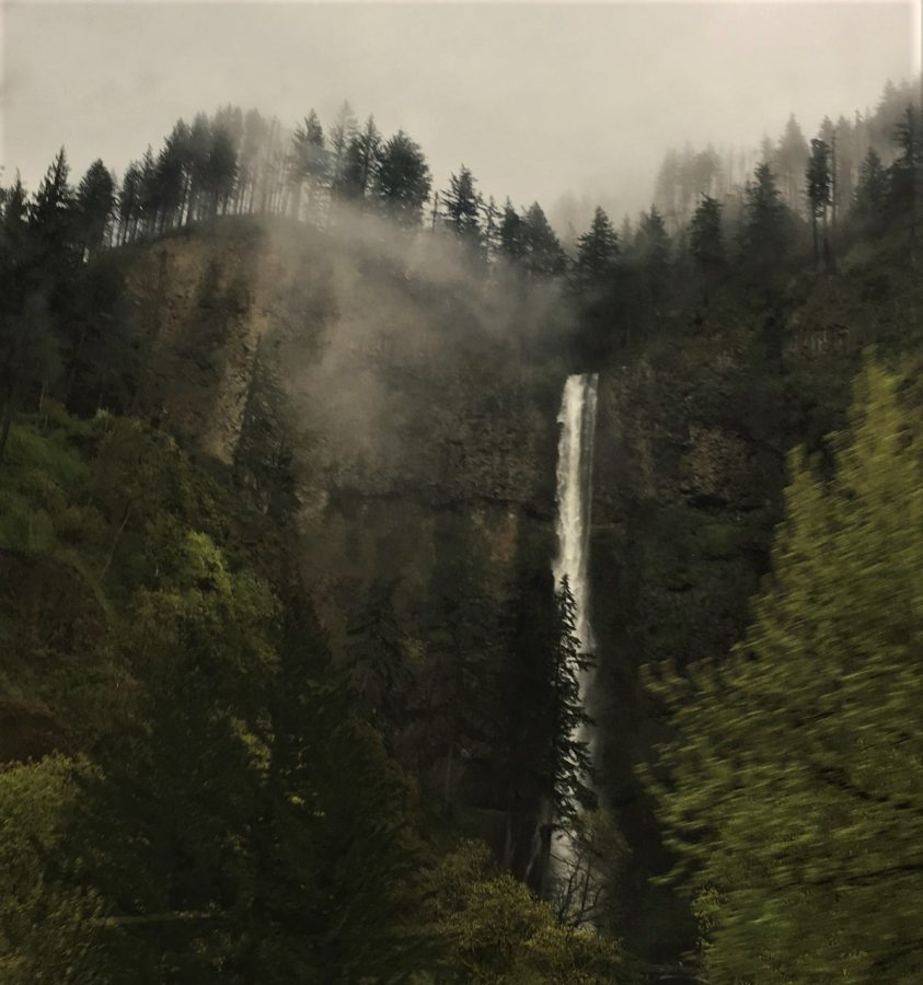 The track team traveled to Hood River on Thursday for their final league meet of the season. On the drive to the meet, they saw many waterfalls, mountains, and rivers.