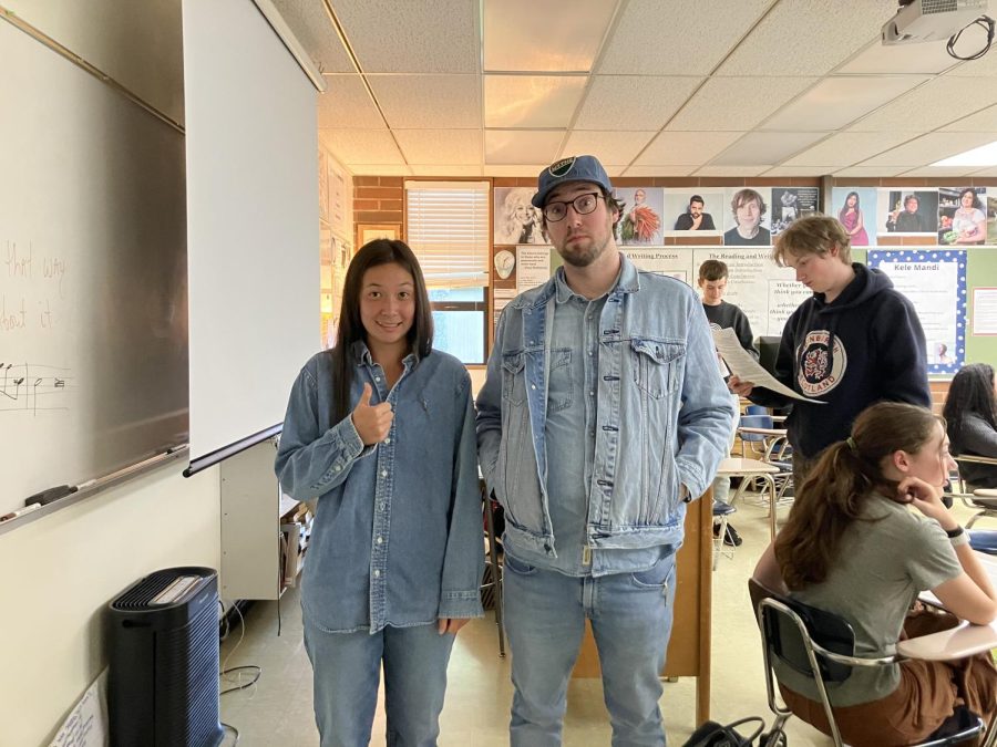 Sophomore Kennedy Harris and English teacher Greg Larson sport all denim outfits during the last spirit week of the year. 