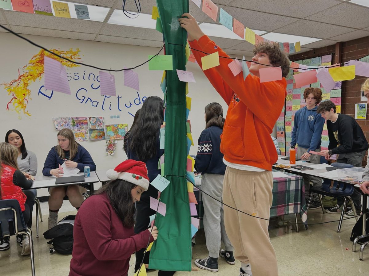 Seniors in World Religions hang up their intentions as part of a unit on Islam.