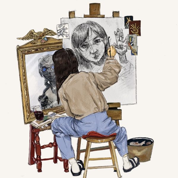 Sophomore Danica Glazier’s illustration is a parody of Norman Rockwell’s triple self-portrait, with the reflection of an android in the mirror and the inaccurate drawings of hands representing AI art tools. 