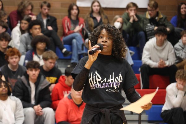 Students came to the gym and listened to Ms. Kimberly Howard Wade give a keynote address and learned from Hip Hop Soulsation Academy about Black history and its connection to dance during an assembly on Friday, Feb. 7.