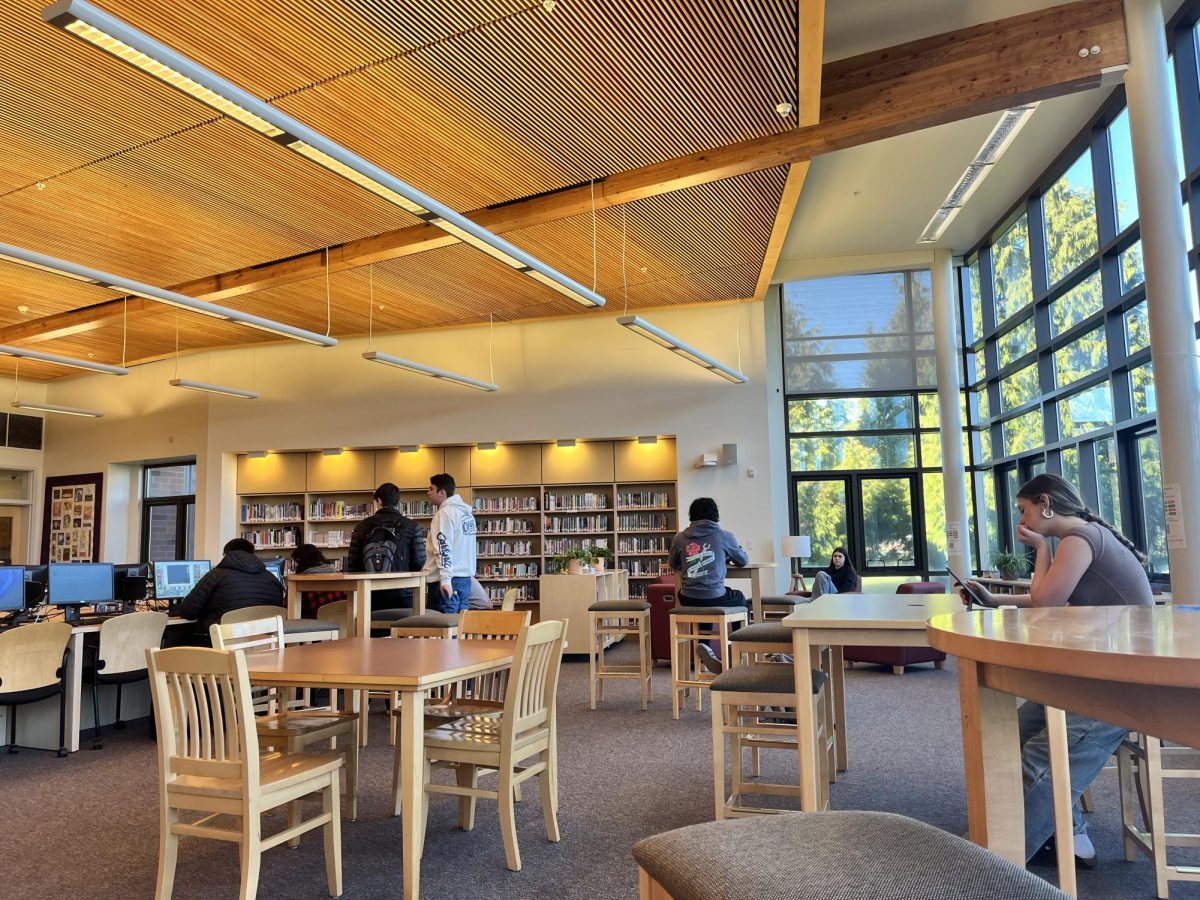 The early-morning sun shines through the library windows during peer tutoring on Friday.