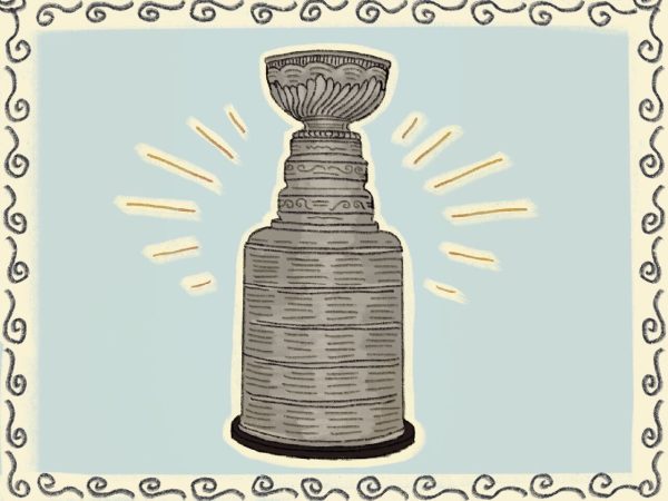 A sketch of the Stanley Cup which is given to the champions of the National Hockey League.
