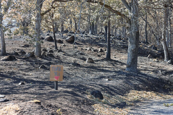 Inside the perimeter of the Burdoin Fire, along the Washington side of the Columbia River Gorge, a sign thanking fire crews stands in an ash-strewn forest.