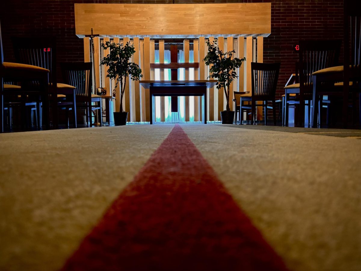 A view of the chapel from the floor as it is illuminated by the daylight.