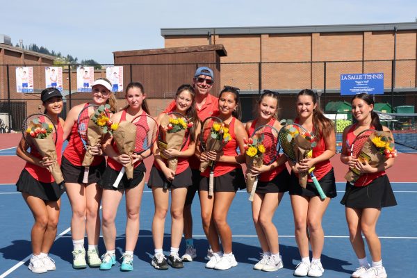 The La Salle girls varsity tennis team celebrated their eight graduating seniors prior to beating Canby High School in a home match on Thursday, April 30.